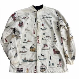 Vintage Art Unlimited Lighthouse Print Button Crewneck Sweatshirt Coastal Large